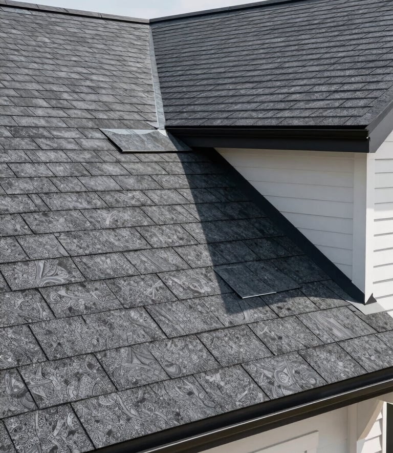 Detailed photography of professional roofing shingles in a Deep Slate gray color, featuring clean lines and expert installation on a modern North American / US home under bright daylight.