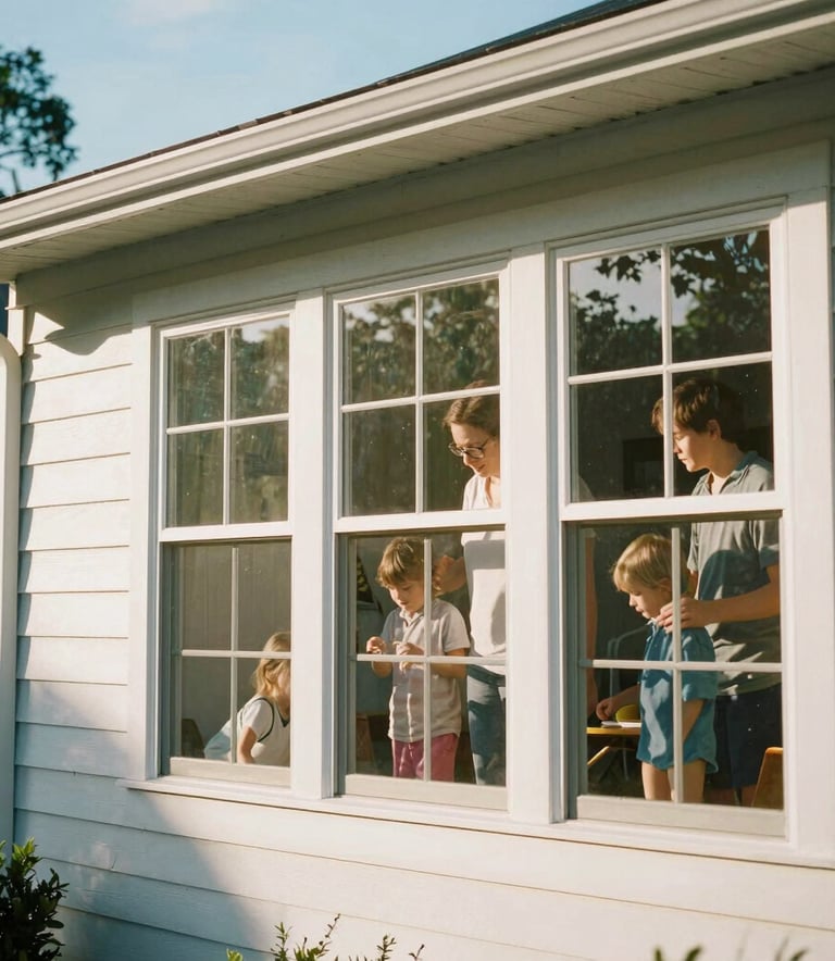 A bright and airy photograph of a North American family home in Gainesville with sparkling clean windows that catch the afternoon sun, reflecting a sense of pride and community care.