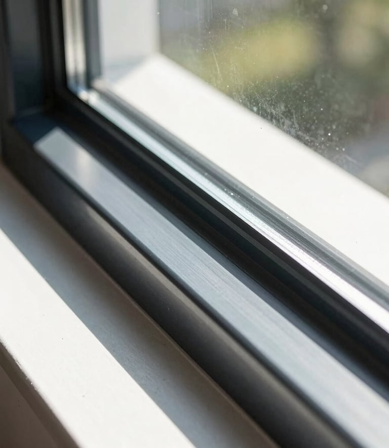 A close-up photograph of a modern North American window track being professionally cleaned, showing the contrast between the dark navy metal frame and the sparkling clean glass. Bright, natural Florida sunlight illuminates the scene.