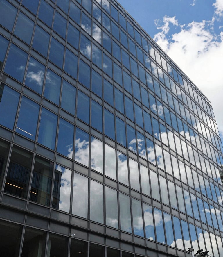 A crisp, wide-angle shot of a modern glass-walled office building in a North American business district, with perfectly clean windows reflecting a deep blue sky and white clouds, emphasizing professional clarity and detail.