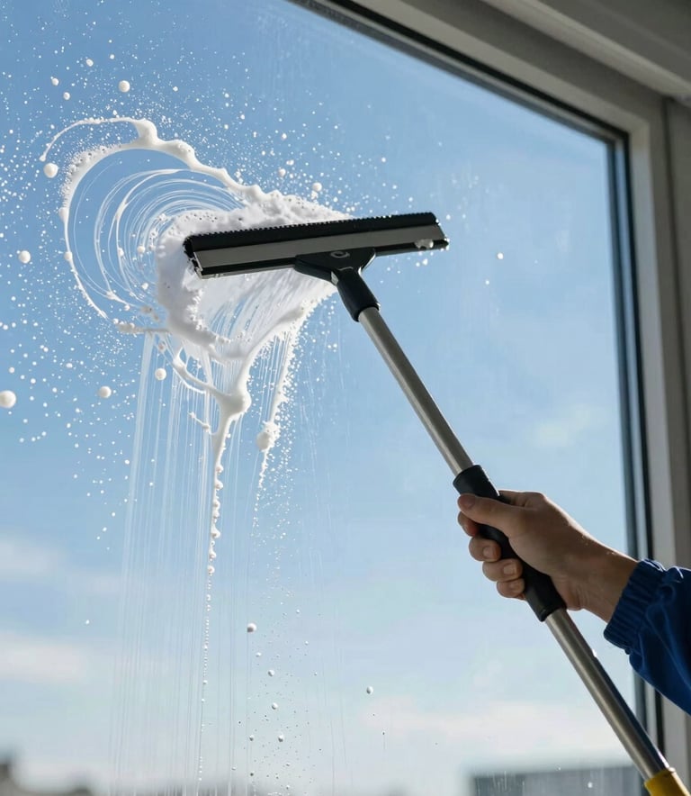 A professional window cleaner using a squeegee on a large pane of glass, capturing the crisp trail of clear glass against the white soap foam, set against a bright sky-blue North American background.