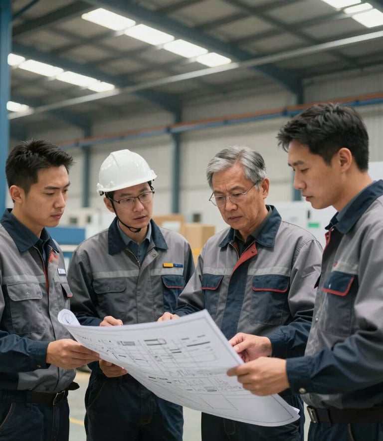 A professional group of technicians in modern workwear discussing blueprints in a large, well-lit North American / US warehouse, steel blue and slate gray environment, confident and professional mood.