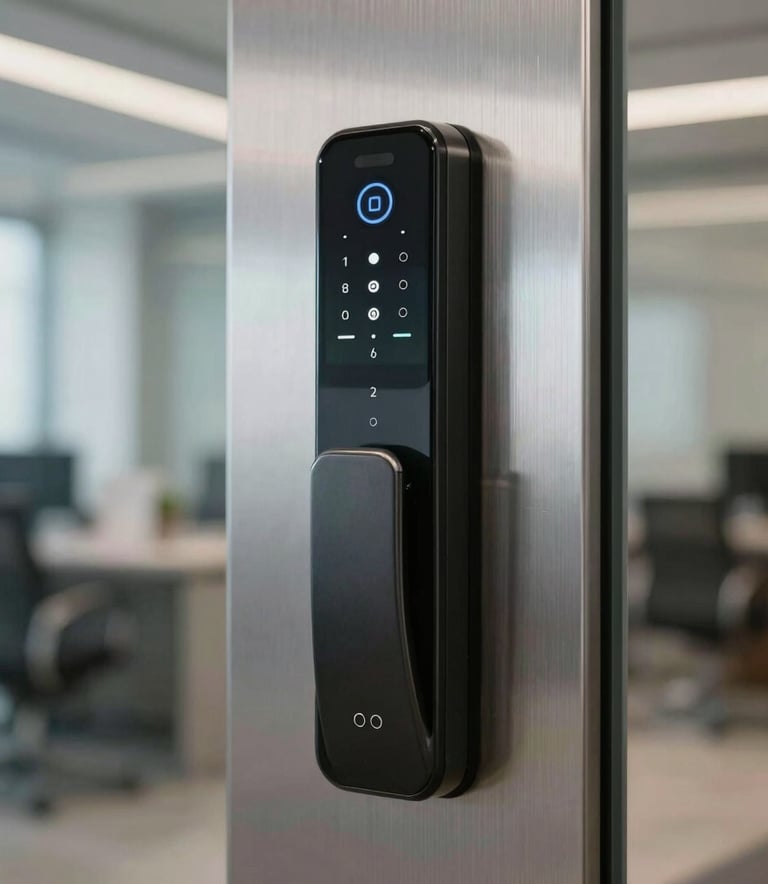 Close-up photography of a high-tech electronic biometric door lock installed on a sleek steel door in a modern North American office building.