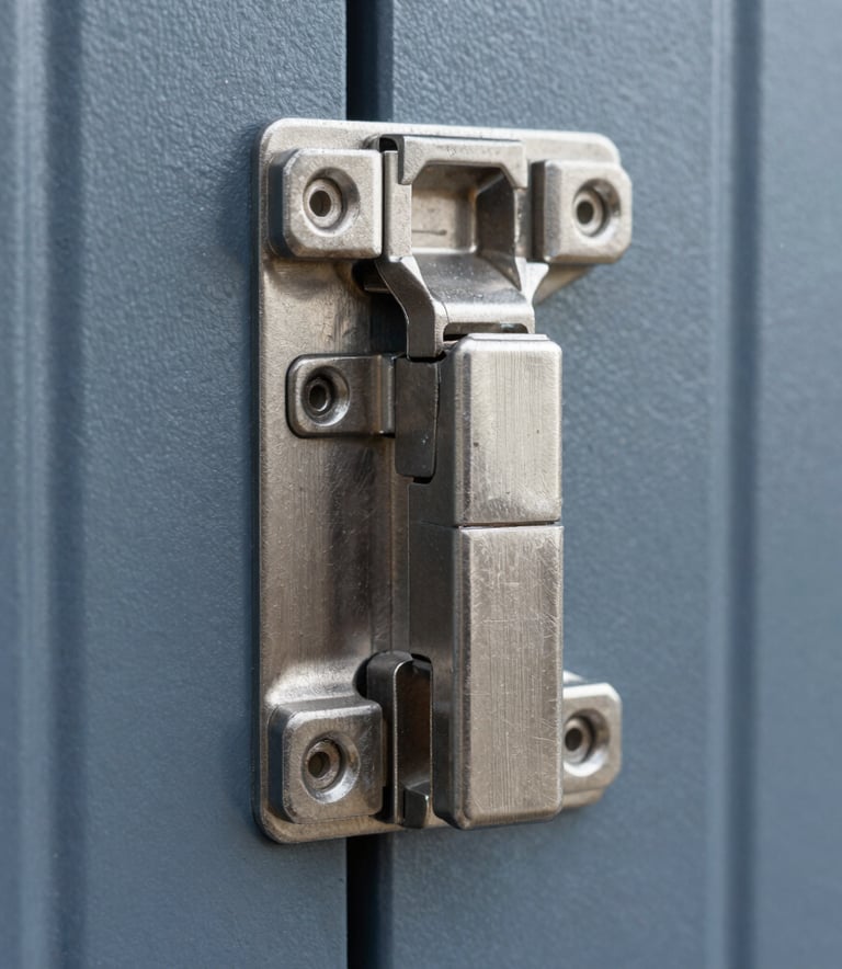 A close-up photograph of high-quality brushed steel door hardware and hinges, showcasing precision engineering and durability, natural daylight, North American / US industrial setting, steel blue and slate gray tones.