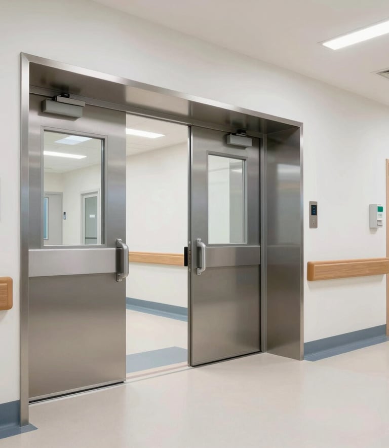 A wide-angle shot of a modern hospital corridor in a North American setting with heavy-duty automated double doors, bright clean lighting, and steel gray accents.
