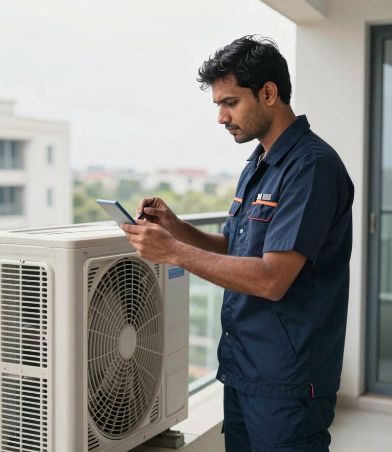 A professional South Asian technician in a clean navy uniform inspecting an outdoor AC unit on a modern apartment balcony in Noida during the day. The lighting is bright and clean, with soft white and steel blue tones in the background.