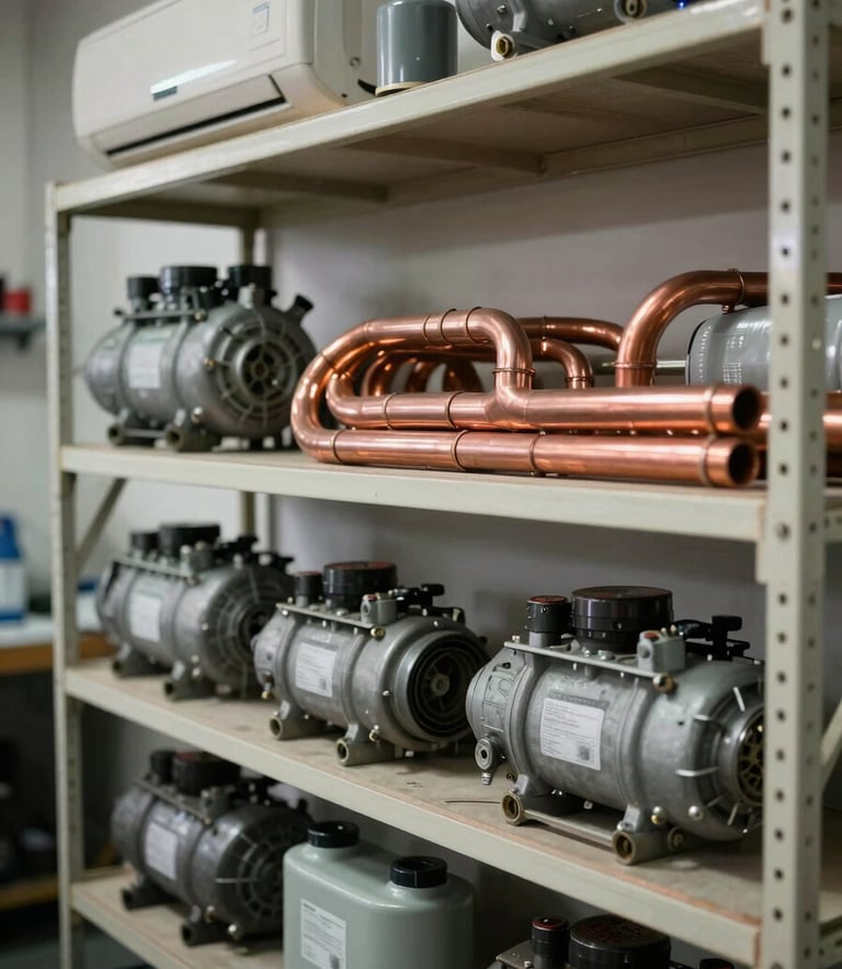 A well-organized shelf in a clean workshop featuring various air conditioning spare parts like copper pipes, compressors, and capacitors, soft natural lighting, South Asian setting.