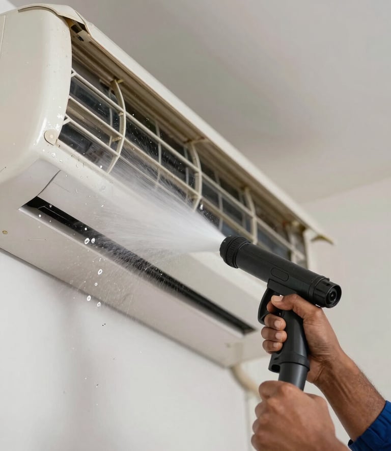 A close-up photograph of a South Asian service expert performing jet pressure cleaning on an indoor AC unit, water droplets and clean fins visible, professional and efficient atmosphere.