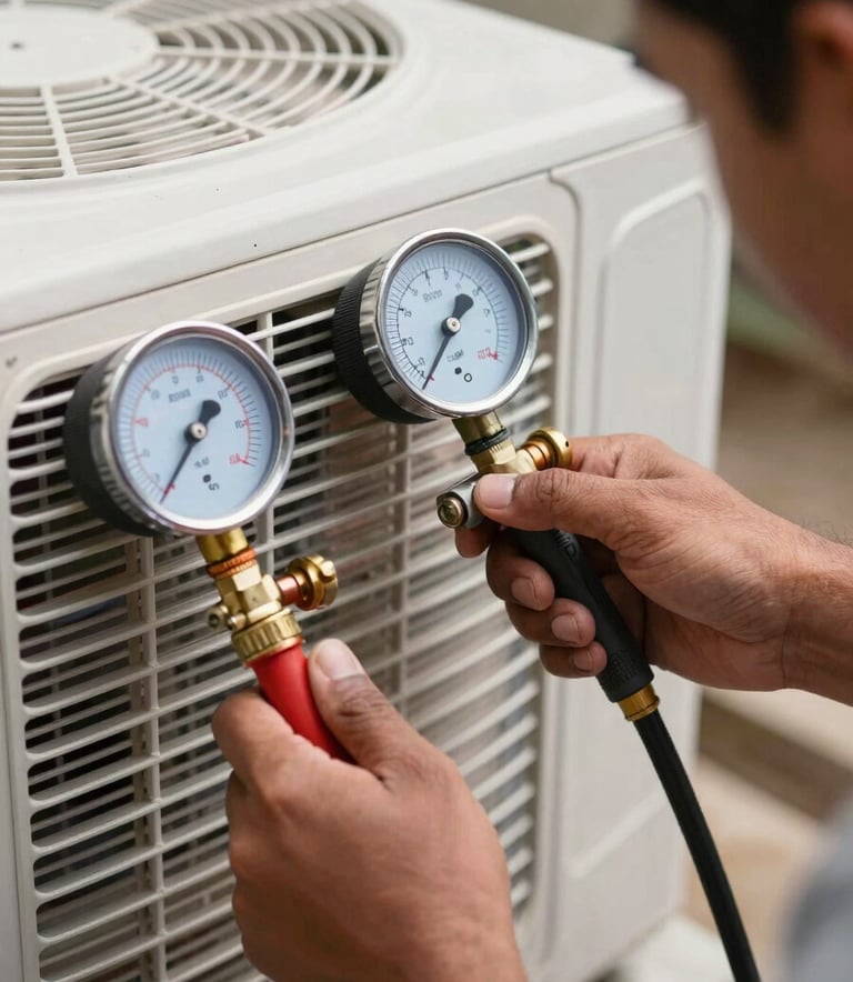 Close-up photography of a technician's hands using professional pressure gauges and manifold tools on a residential AC unit. The scene is bright and professional, emphasizing expertise and reliability in a South Asian setting.