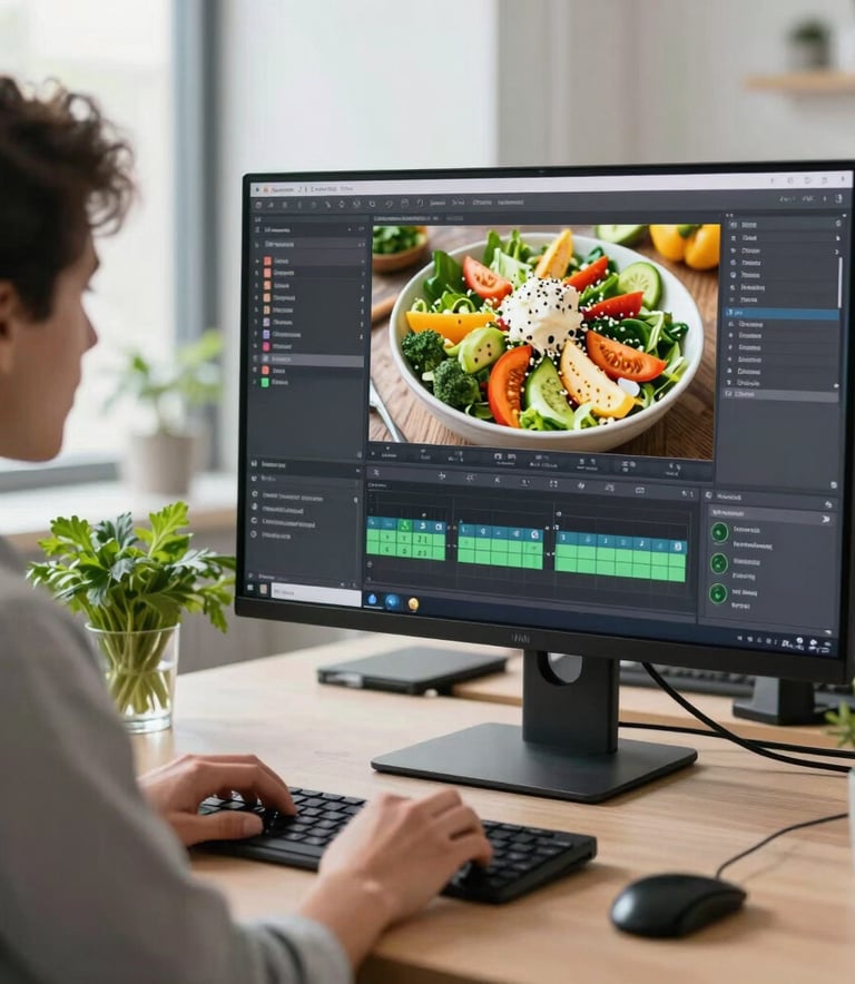 A side view of a professional digital content creator in a bright North American office editing a vibrant image of a harvest salad on a large computer screen. Beside the screen, there are fresh herbs in a small glass. The lighting is crisp and modern, reflecting a clean and professional creative agency environment.