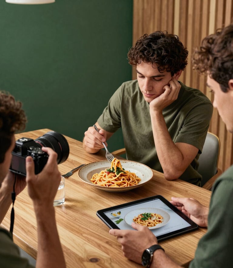 A high-quality lifestyle shot of a creative team collaborating in a modern studio. One person is photographing a rustic plate of pasta while another reviews the shot on a tablet. The room features forest green accents and warm wooden textures.
