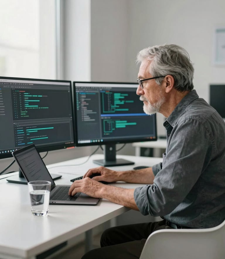 A focused senior software developer working at a minimalist desk with dual monitors in a bright, modern North American office. Soft natural light illuminates a clean workspace with a sleek laptop and a glass of water.