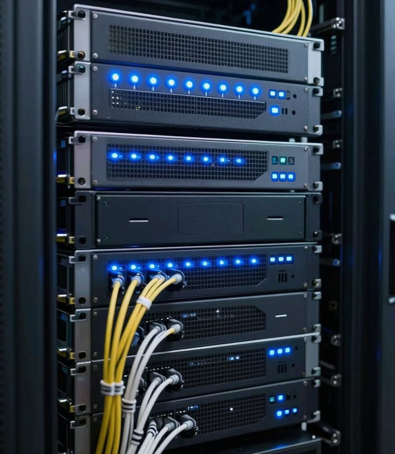 A sharp, detailed photograph of sleek server rack components in a high-tech North American data center, featuring glowing blue LED indicators and neatly organized cables.