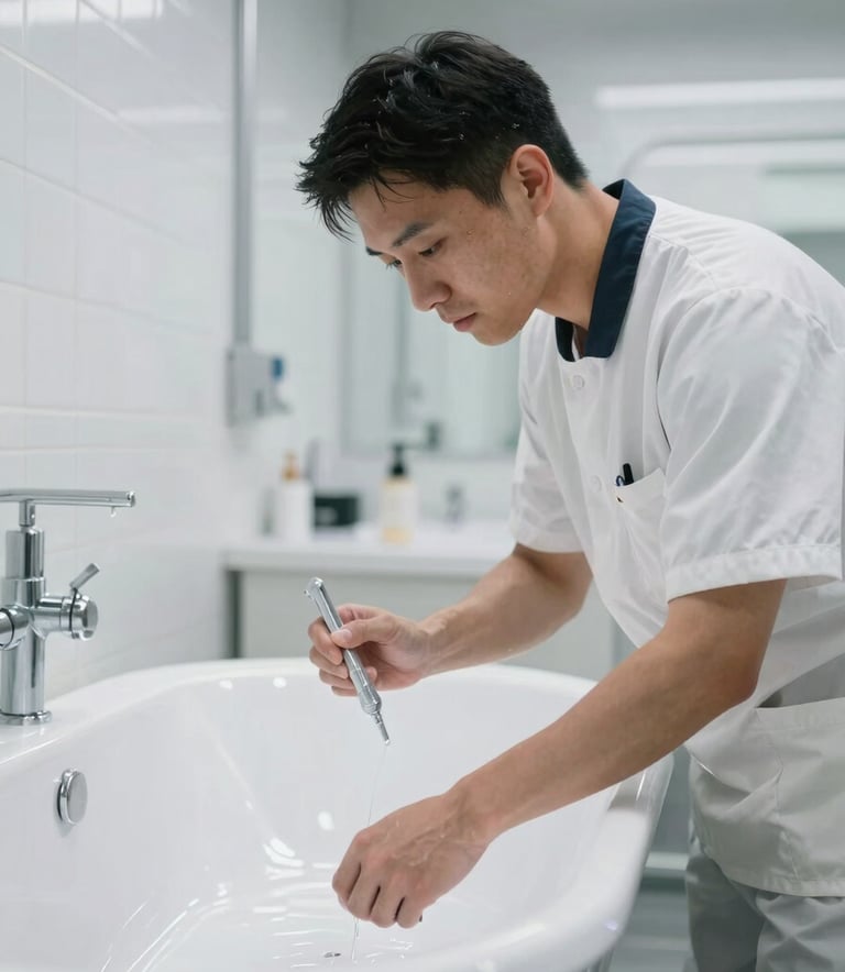 A professional technician in New York City wearing a clean uniform, meticulously applying a high-gloss finish to a bathtub. The scene is bright and professional with a modern industrial aesthetic, featuring white tiles and clean lines.