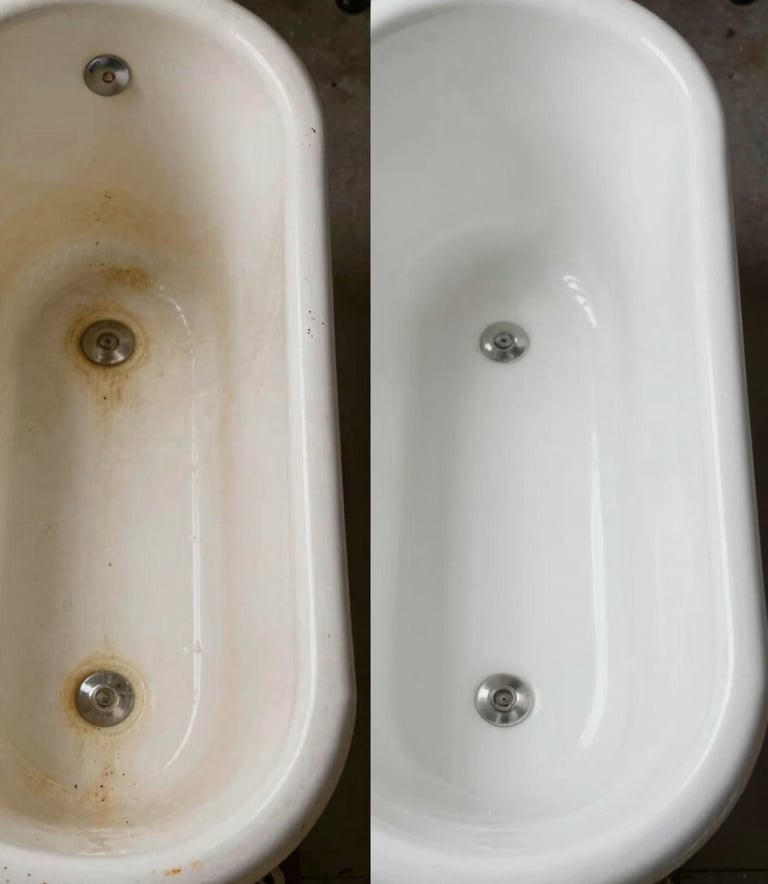 A side-by-side comparison photography showing a worn, yellowed, and chipped vintage bathtub next to a smooth, brilliantly white reglazed surface, professional lighting, industrial premium feel.
