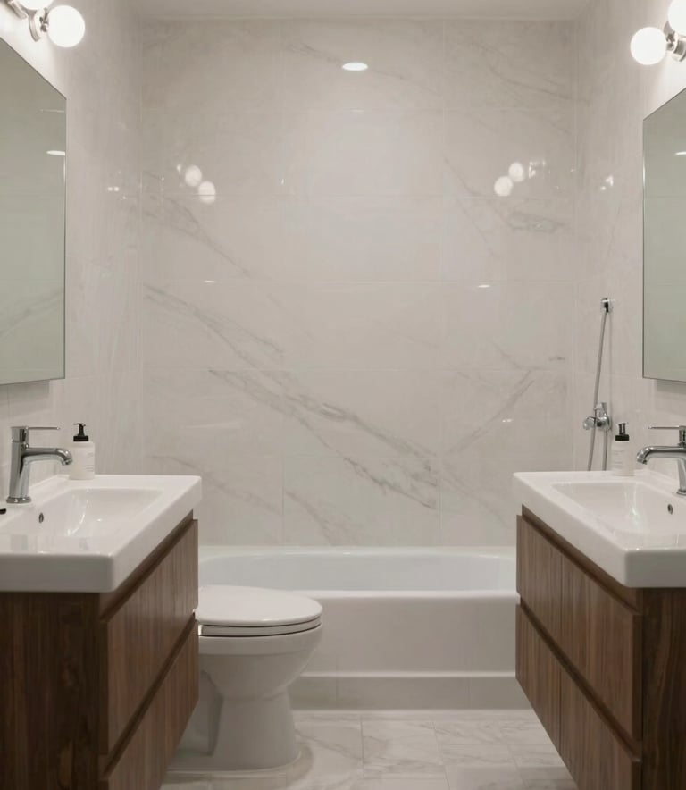 Wide shot of a clean, minimalist bathroom after a full reglazing service in a New York City loft. The lighting is natural and bright, showcasing the efficient and professional transformation.