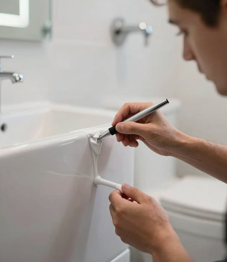 A close-up photograph of a professional technician applying a high-gloss finish to a ceramic bathroom surface in a modern New York City apartment, sharp focus, clean industrial aesthetic, bright white lighting.