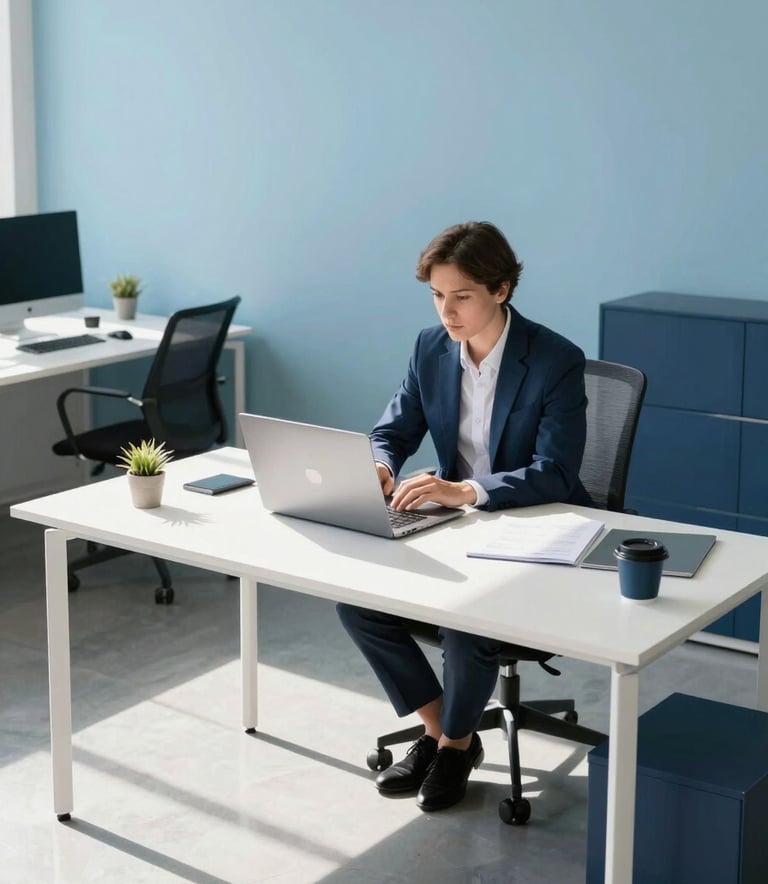 A high-angle photography shot of a modern, sunlit North American office. A professional person sits at a minimalist white desk with a high-end laptop, surrounded by subtle sky blue and navy blue office decor. The atmosphere is clean, efficient, and bright, reflecting a professional software development environment.
