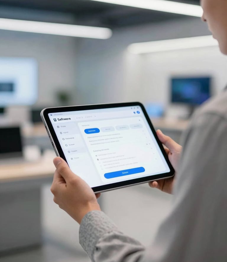 A professional setting in a US-based tech hub. A person in modern business casual attire is holding a tablet showing a clean digital interface. The background features a soft-focus glass partitions and sky blue lighting, emphasizing a trustworthy and innovative software store environment.