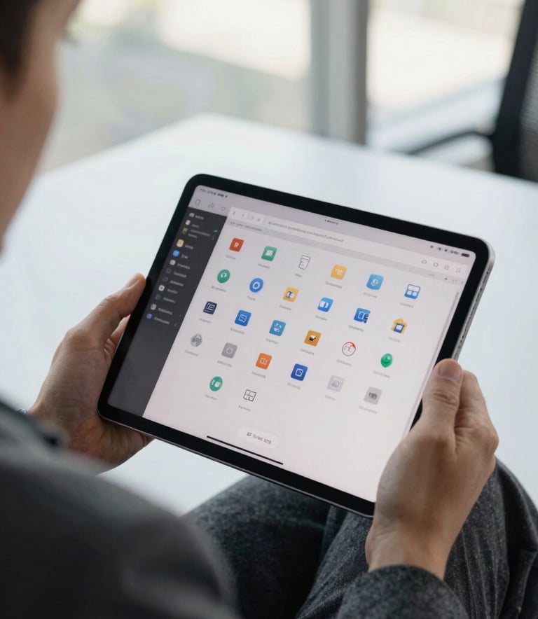 Close-up of a tablet screen being used by a professional in a bright US office setting. The screen displays various software application icons in a clean layout. The person is wearing a professional charcoal gray blazer. Natural light streams in from a large window in the background.
