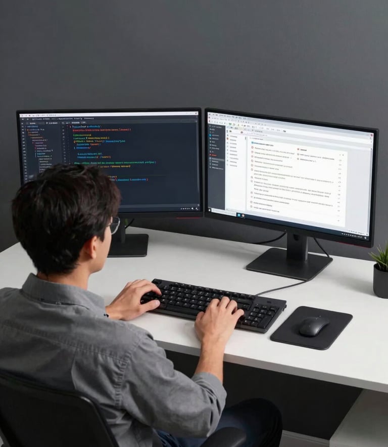 A high-perspective shot of a modern North American office workstation. It features a dual-monitor setup with a dark slate gray background, displaying organized code and project management software. A professional is sitting in an ergonomic chair, working efficiently under bright, even lighting.