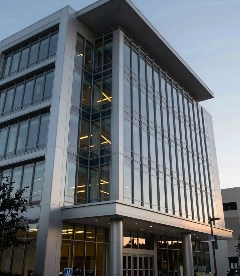 The exterior of a modern, professional law firm building in North American / US / California. The architecture is clean and modern with glass and steel elements. The sky is a soft Sky Blue during twilight, casting a reliable and calm glow on the structured environment.