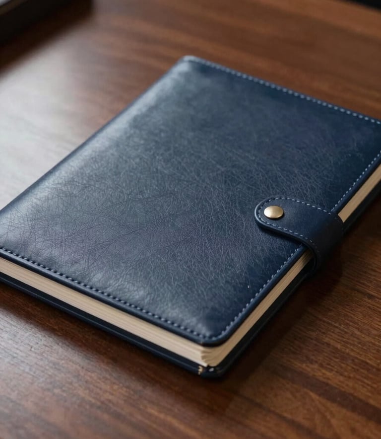 A close-up of a leather-bound legal folder in deep midnight navy resting on a polished mahogany desk in a North American / US / California law office, sharp focus, professional and sophisticated atmosphere.