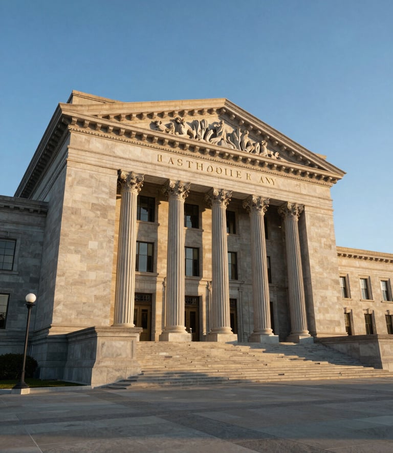 The majestic stone exterior of a North American / US / California courthouse under a clear sky blue morning, wide angle shot, symbolizing authority and legal integrity.