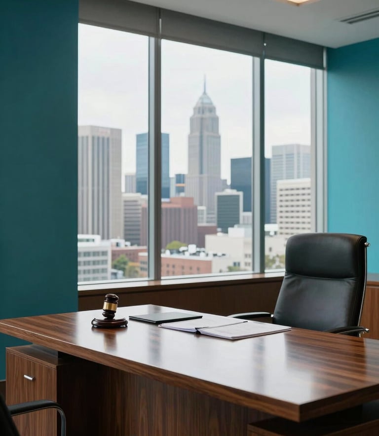 A high-end, sophisticated law office interior in North American / US / California. The scene features a large glass window overlooking a metropolitan skyline, a polished wooden desk, and walls painted in Ocean Teal. The lighting is bright and professional, suggesting a morning of high-stakes legal work.