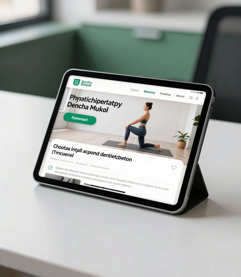 A close-up of a tablet displaying a professional physiotherapy exercise application, resting on a clean white desk in a South American / Brazilian office. The background is softly blurred showing a hint of deep green and light green office decor with bright, natural morning light.