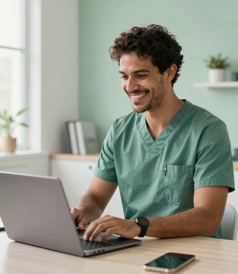 A professional South American / Brazilian physiotherapist smiling while interacting with a patient via video call on a laptop. The physiotherapist is in a modern, bright office with a minimalist aesthetic, featuring soft light green and off-white colors, conveying a sense of care and modern technology.