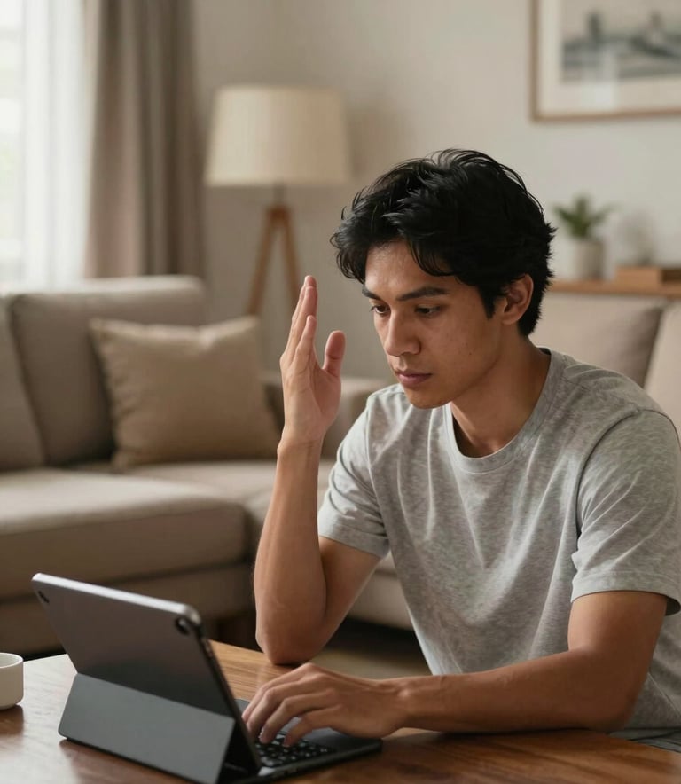 A South American person in a comfortable living room performing guided physical therapy exercises while looking at a tablet on a table, warm home environment, daylight.