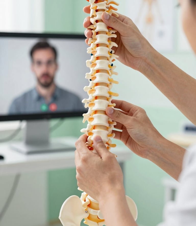 Close up of a physiotherapist's hands holding an anatomical model of a human spine while explaining a procedure during a video call, bright medical studio with soft green accents.