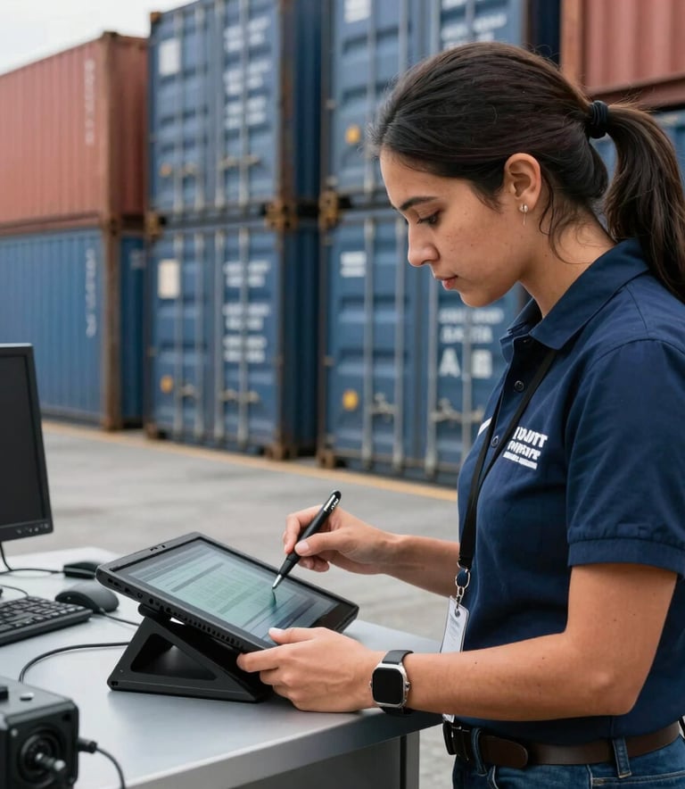 Una toma profesional de un experto en log37stica en Latinoam37rica revisando una tableta digital frente a contenedores de carga ordenados. El entorno es limpio y moderno, con tonos azul marino oscuro y azul acero en la vestimenta y el equipo. La iluminaci37n es natural y brillante, transmitiendo eficiencia y seguridad.