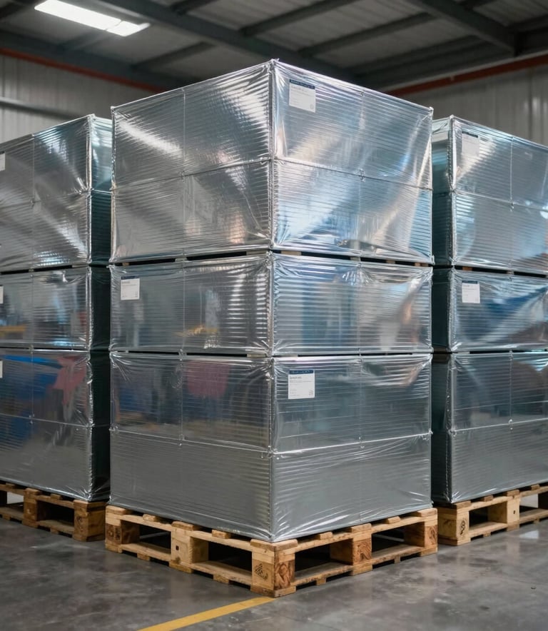 Fotografía profesional de primer plano de carga asegurada en un almacén moderno de Latinoamérica, cajas perfectamente apiladas sobre pallets de madera, iluminación industrial limpia en tonos azul acero y gris.