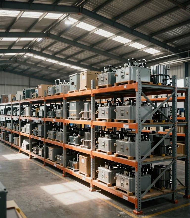 Interior de un centro de distribución logístico de alta tecnología en Latinoamérica, amplio y limpio, con estanterías industriales organizadas y luz natural suave entrando por el techo.