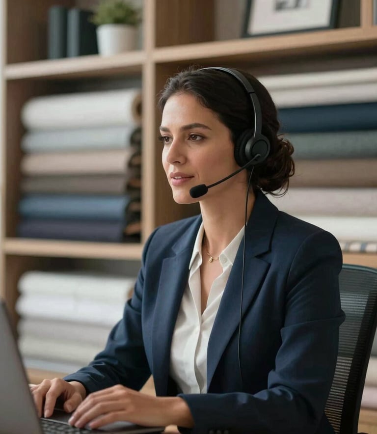 Photography of a modern office in a South American business district. A professional woman wearing a headset is speaking calmly, with blurred textile rolls and fabric samples visible on shelves in the background. Soft daylight, professional mood, using deep charcoal and slate blue tones.