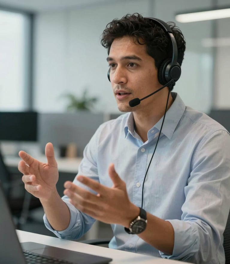 A professional South American person in a modern office environment wearing a sleek headset, gesturing naturally while speaking. The background features a clean, professional workspace with gray and white tones.