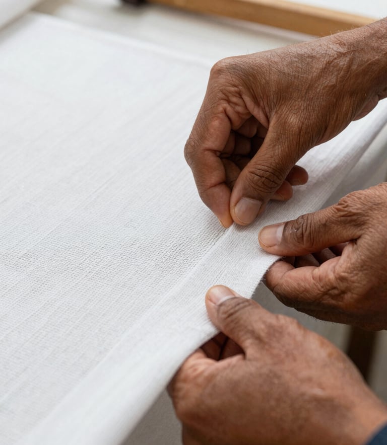 Close-up photography of skilled hands inspecting the fine weave of a white textile fabric in a brightly lit South American studio. The focus is on the texture and quality of the material.