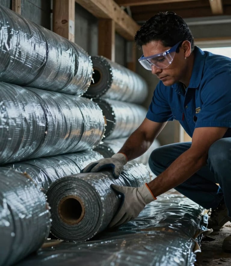 Hispanic / Latin American contractor installing high-quality insulation rolls in a crawl space, wearing safety goggles and gloves, soft cinematic lighting with steel blue and charcoal tones.