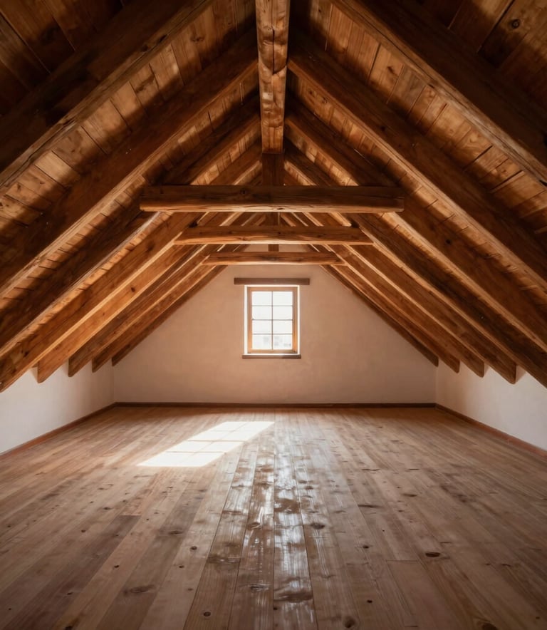 A wide angle shot of a pristine, empty attic after professional cleaning, wooden beams clearly visible, warm sunlight streaming through a small window, Hispanic / Latin American architecture style, clean and airy atmosphere.