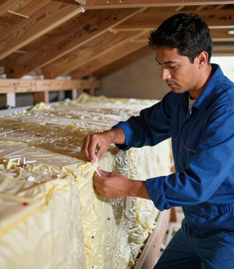 A Hispanic professional technician in a Steel Blue uniform carefully installing layers of high-quality insulation in a clean attic. Clear, professional lighting highlighting the precision of the work.