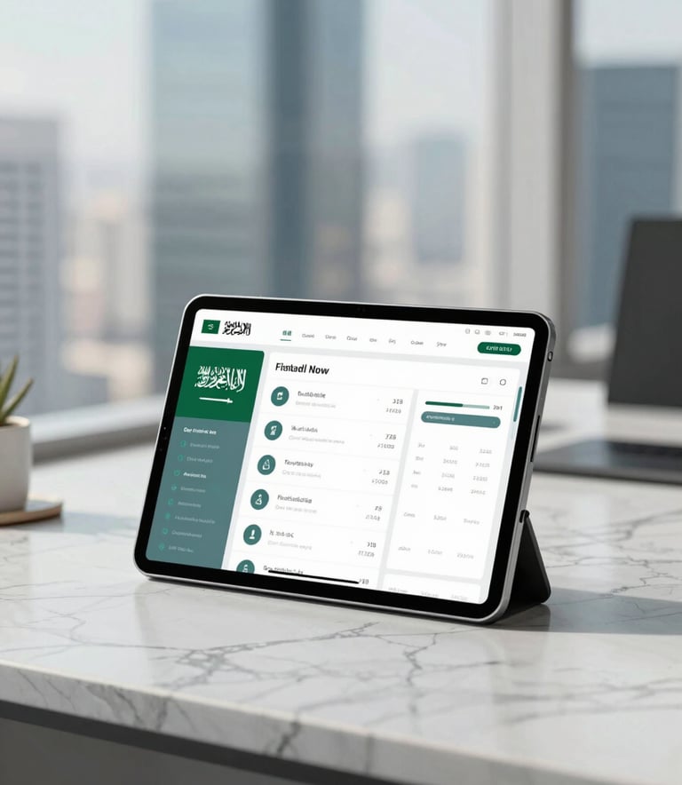A sleek, modern tablet on a marble desk in a Riyadh high-rise office, displaying a clean business dashboard with the Saudi flag in the corner. The lighting is bright and professional, incorporating the #F8F5EE and #5F776C color palette.