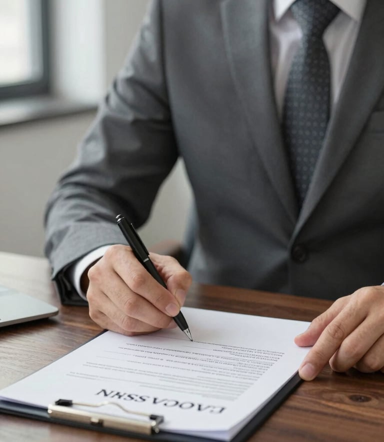A professional close-up of a business executive signing official MISA licensing documents on a dark wood desk. The scene is sophisticated and trustworthy, with natural light and a palette of #1A202C and #F8F5EE.
