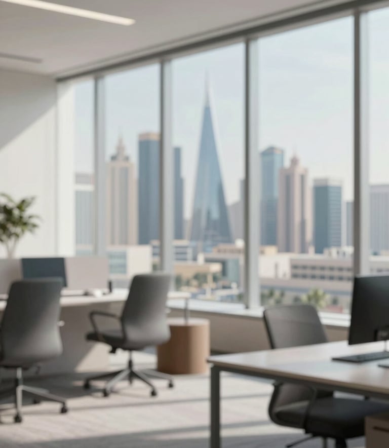 A modern, minimalist office interior in Riyadh with a view of the King Abdullah Financial District skyline through large glass windows. The decor features sleek furniture in #1A202C and #B8936F accents, creating a professional and modern corporate vibe.