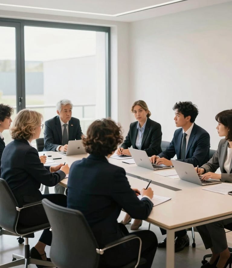 A group of professionals in a collaborative meeting around a large table in a bright, contemporary workspace in France, natural light, clean lines, professional and sophisticated atmosphere.