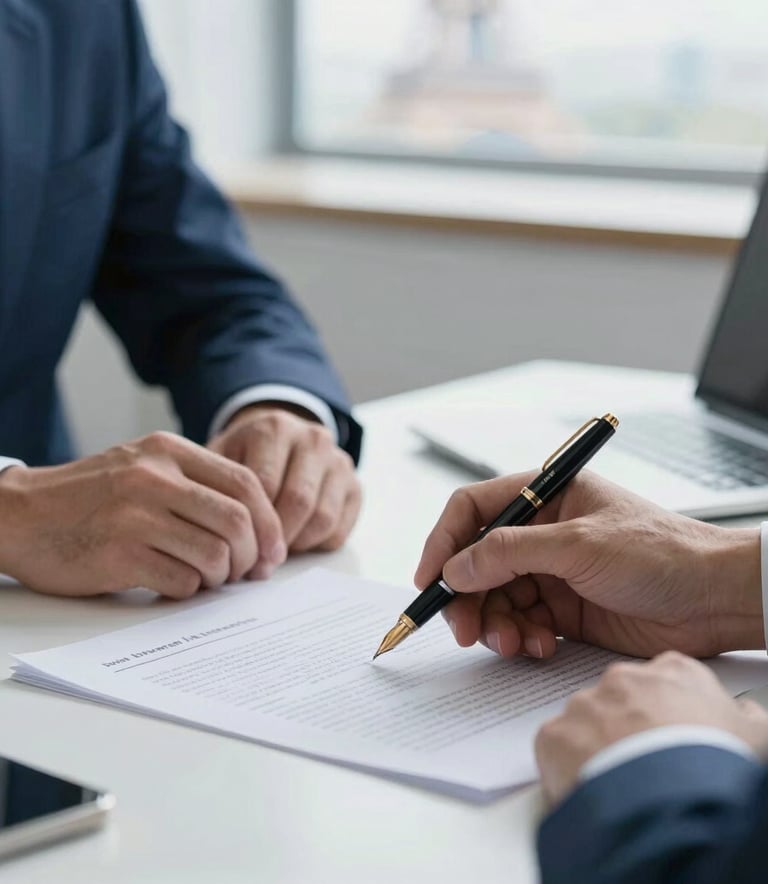 Detailed photography of two professional hands reviewing a financial contract with a fountain pen in a bright, modern office in Paris. Soft natural light, Western European / French setting, focusing on reliability and sophisticated professionalism. Color palette features deep blue and light blue tones.