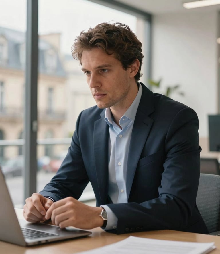 A professional financial consultant in a modern, sunlit office in a French city, wearing a dark navy suit, having a serious and focused discussion, high-end corporate photography, soft natural lighting, Western European / French setting.