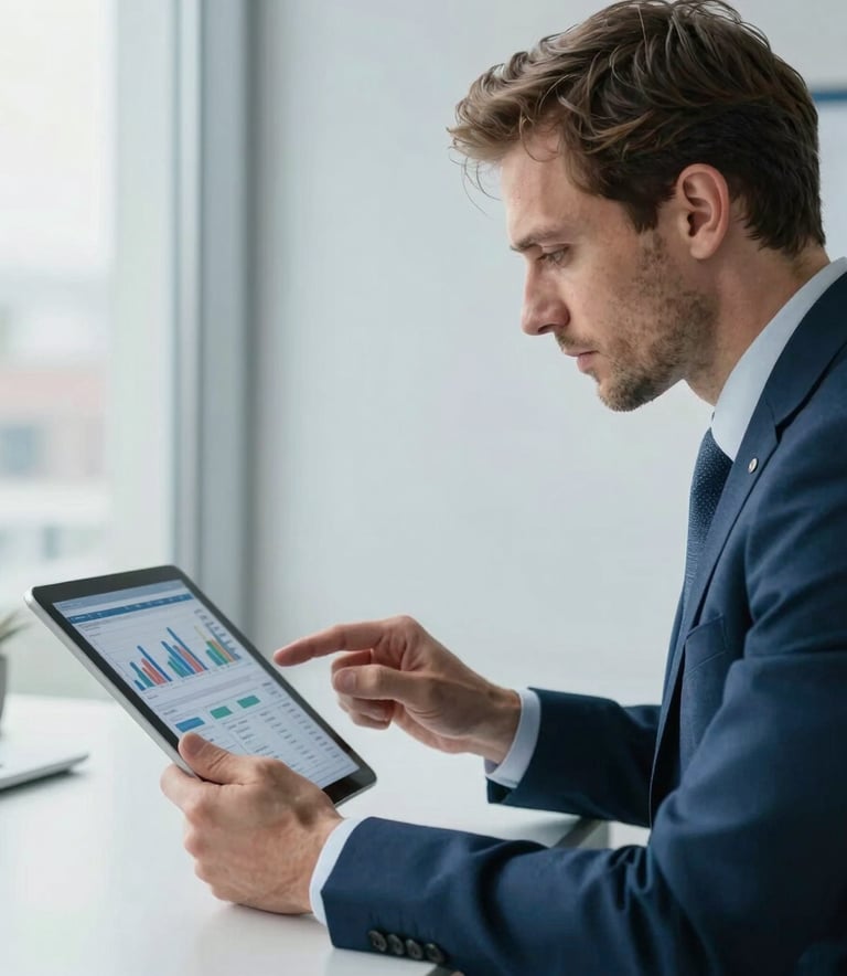 A professional consultant in business attire, looking at a digital tablet showing financial data in a bright, airy office. Western European / French context, clean composition, soft morning light. Palette dominated by light blue and deep blue.