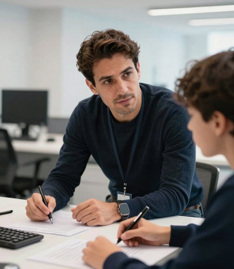 An Argentinian professional mentor explaining a complex project to a focused student, interior of a bright and minimalist modern academy, blurred tech background, high-end photography.